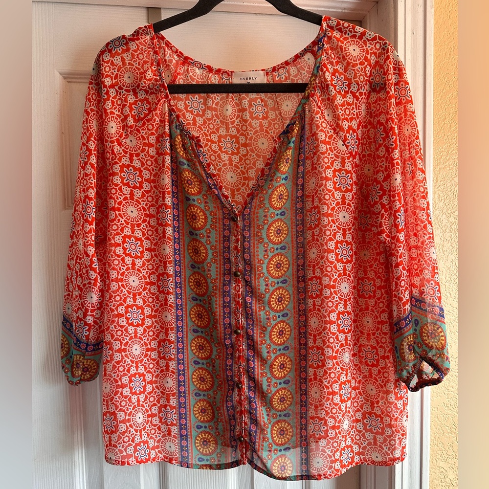 Everyly 3/4 sleeve sheer orange top, size S